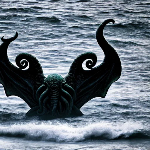 Prompt: Cthulhu emerging from the ocean, photograph, 8k, 30mm, foggy, high detail