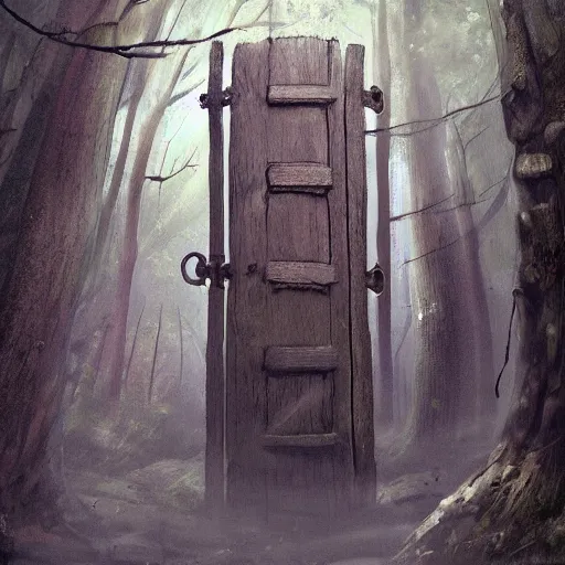 Prompt: an old and misteriouly looking wooden door in the depths of the forest, fantady painting, trending on artstation, high res, full hd, award winning