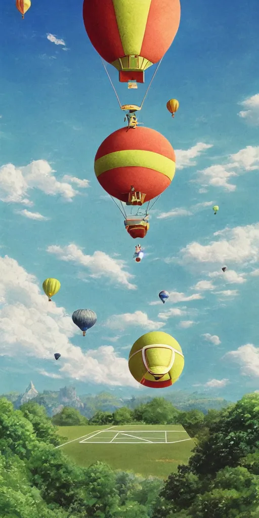 Prompt: A tennis court suspended in the air by a giant tennis ball-shaped hot air balloon, Castle in the Sky style, by Miyazaki Hayao