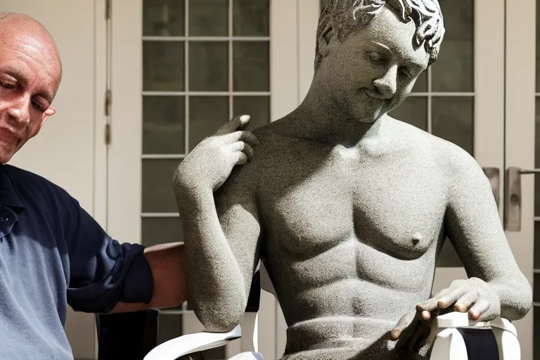 Image similar to a man who is sitting upright in a chair is touching a completed statue