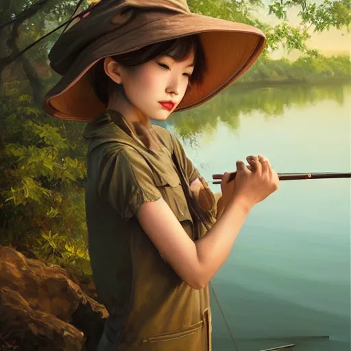 Image similar to oil painting by ilya kuvshinov,, baugh casey, artgerm craig mullins, leyendecker, of a youthful japanese girl, long hair, fishing and wearing fisherman's outfit, fisherman's hat, highly detailed, breathtaking face, studio photography, noon, intense bounced light, water reflection, large tree casting shadow, serine intense sunlight