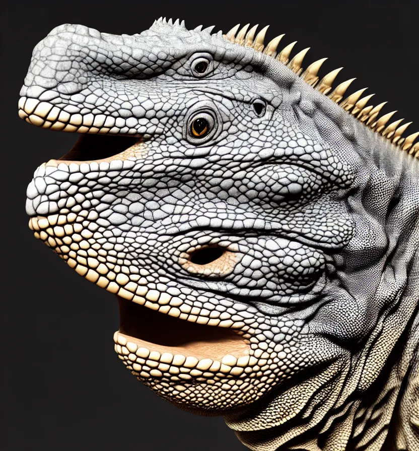 Prompt: all : iguana head : : 0. 5 the head has a symmetrical horn and tumor, and there is a rhino horn at the front of the beak, rich detail realistic photoreal photorealistic octane render 8 k