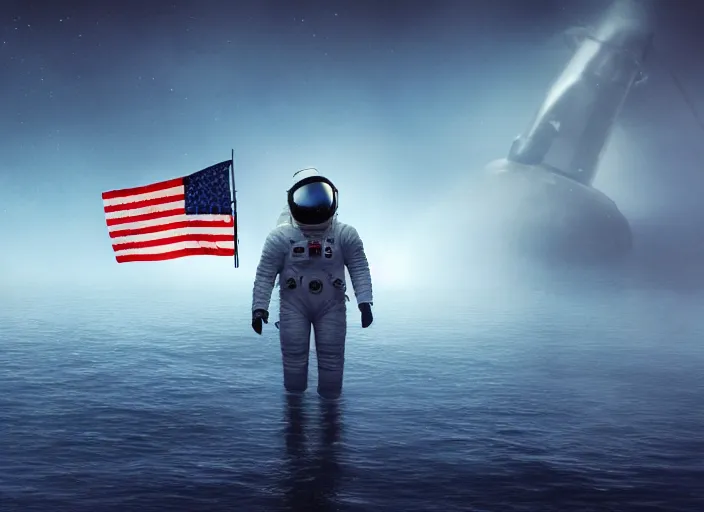 Image similar to astronaut holding a flag in an underwater desert. a submarine is visible in the distance. dark, concept art, cinematic, dramatic, atmospheric, 8 k, trending on artstation, blue, fish, low visibility, fog, ocean floor, christopher nolan, interstellar