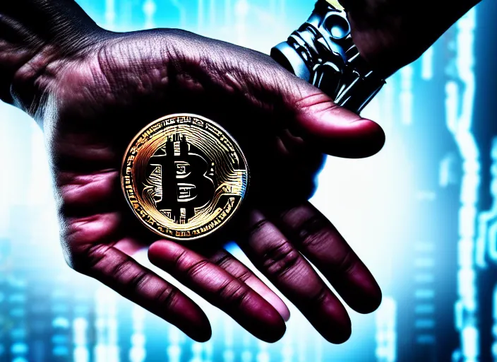 Image similar to terminator's hand holding a bitcoin between two fingers. centered. horror cyberpunk dystopia style. highly detailed 8 k. intricate. nikon d 8 5 0 3 5 mm. award winning photography.