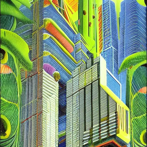 Image similar to a solar punk lush giant plants city, modern architecture by ricardo bofill, city of the jungle, geometry will draw the soul toward the truth and create the spirit of philosophy, galactic nebula, surrealist oil painting