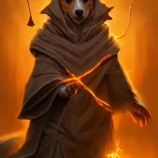 Prompt: a corgi wizard wearing intricate robes, casting an arcane spell, glowing, fantasy, d & d character art, extremely detailed, hyperrealistic, beautiful digital illustration, greg rutkowski, trending on artstation, 8 k