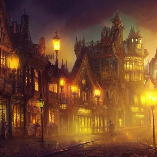Image similar to fantasy steampunk victorian city at night, 4k, concept art