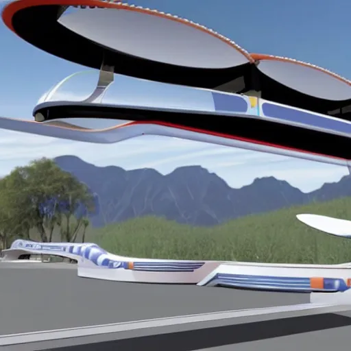 Image similar to futuristic designs for a monorail with helicopter blades. design. utopia. future. eco friendly