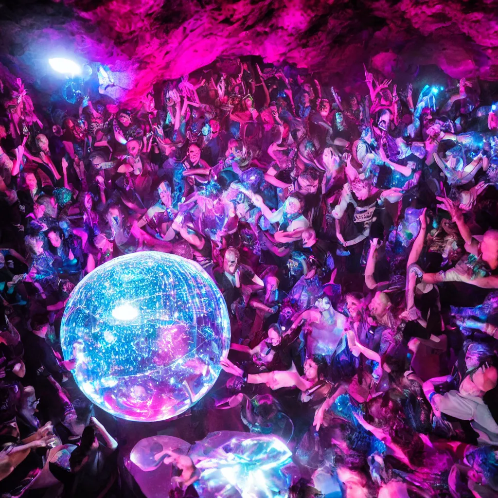 Image similar to cinematic shot of a goth disco nightclub in a cave, sphere made of holographic knives!!! with pink lasers and blue crystals, brutal weapon iconography!!! goth people dancing, 8 k photograph