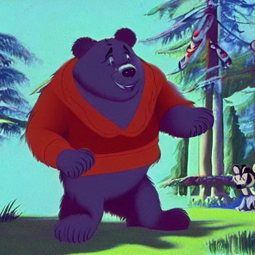 Prompt: film still vintage disney animation style of the main character bear balou in the classic disney film talespin standing next to an airplane