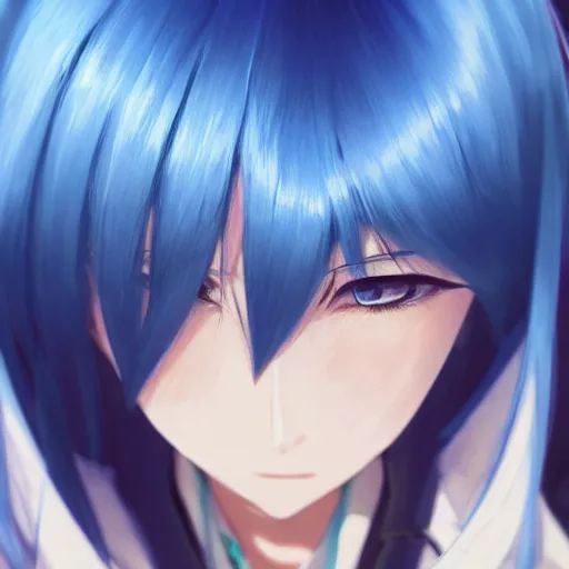 Image similar to full shot of rimuru tempest, sky blue straight hair, long bangs, with amber eyes, wearing a fancy black jacket, high collar, ultra detailed, brush strokes, digital painting, cinematic, wlop artstation, closeup, pixiv, intense, intimidating glare, photorealistic, overpowering, makoto shinkai, rossdraws, andy warhol,