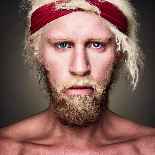 Prompt: photo portrait of an rugged albino african pirate with a headband | brown vest | young adult, thin blonde mustache, afro blonde hair, stern face, rugged and dirty, cinematic lighting at sundawn, movie color grading