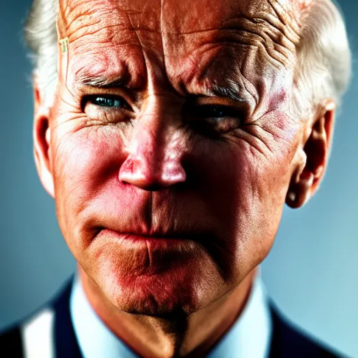 Image similar to Highly detailed close-up photograph of President Joe Biden’s face, slight smirk, single tear rolling down his cheek, photography by Steve McCurry, backlit