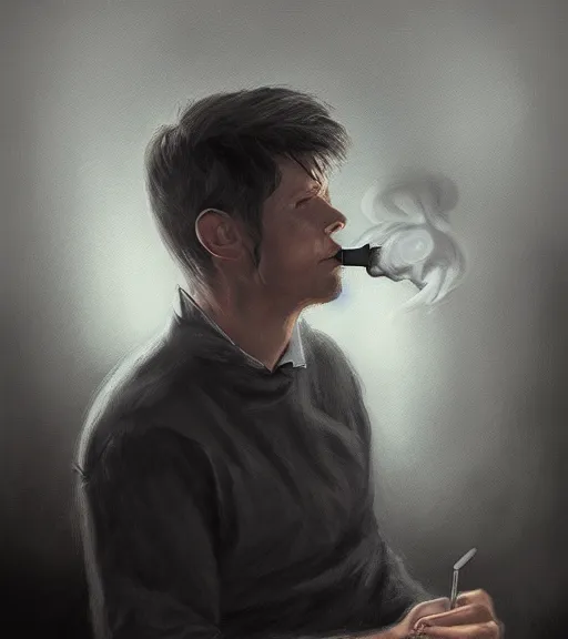 Image similar to Portrait of Antti Kervinen drinking coffee, in the park, charchoal drawing, dimly lit, wispy smoke, intricate, highly detailed, digital painting, artstation, concept art, sharp focus, illustration, art by einar jonsson