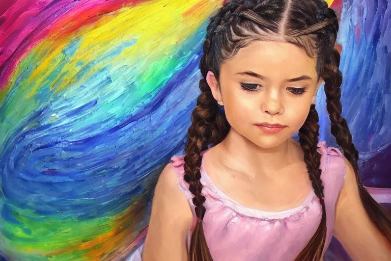 Prompt: a little girl with braided hair learns how to paint, on an empty canvas, in her art room, trending on artstation, gorgeous