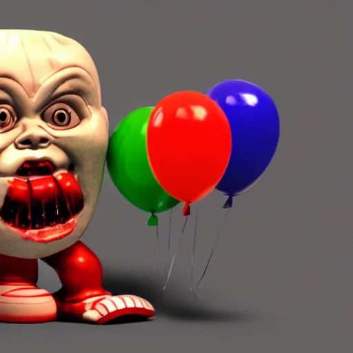 Image similar to screaming chucky doll in shape of balloons octane render