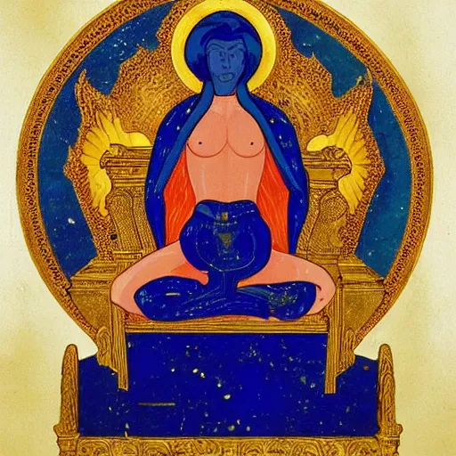 Prompt: what looked like a throne of lapis lazuli, and high above on the throne was a figure like that of a man. waist up, he looks like glowing metal, as if full of fire, and that from there down he looked like fire ; and brilliant light surrounded him. like the appearance of a rainbow in the clouds on a rainy day.