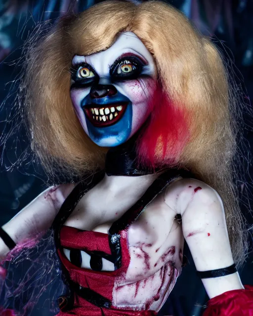 Image similar to film still portrait of a malignant creepy angry grinning confused scary antique filthy victorian porcelain evil clown barbie bride of chucky doll with red glowing eyes wearing a dirty dress, very long black hair, performing in a carnival circus sideshow, action pose, 8k octane render, dramatic lighting, volumetric lighting, high contrast, graffiti, the ring movie, Guillermo del Toro, Craig Mullins, Arney Fretag, Annie Leibovitz, vintage photo from 1890