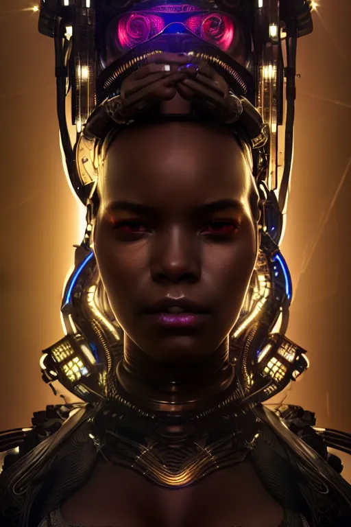 Image similar to ultra realistic, beautiful female african cyborg in a crowded smoky cyberpunk club in space megalopolis, sci - fi, intricate details, eerie, highly detailed, octane render, 8 k, art by artgerm and alphonse mucha and greg rutkowski