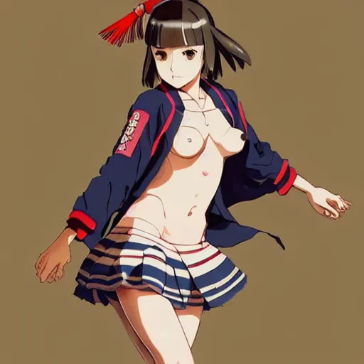 Prompt: a beautiful! boyish! natalie portman alluring gravure! model, wearing japanese school girl outfit with mayan pattern and native style, aztec street fashion, gapmoe yandere grimdark, trending on pixiv fanbox, painted by greg rutkowski makoto shinkai takashi takeuchi studio ghibli, akihiko yoshida