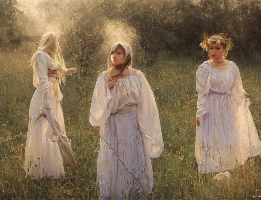 Image similar to peasant girls ivana kupala, midsommart, cottage core, cinematic focus, polaroid photo bleached vintage pastel colors high - key lighting, soft lights, foggy, by steve hanks, by lisa yuskavage, by serov valentin, by tarkovsky, 8 k render, detailed, oil on canvas