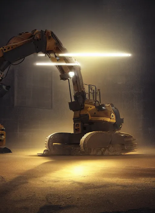 Image similar to a photorealistic dramatic hyperrealistic render of a futuristic exosuit power excavator heavy machinery, ultra realistic details, glossy yellow, well worn, rust, oil stains by vitaly bulgarov and mike nash, beautiful dramatic dark moody tones and lighting, cinematic atmosphere, studio lighting, global illumination, shadows, dark background, octane render, 8 k