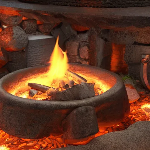 Image similar to 8 k hd detailed octane render of an iron age forge