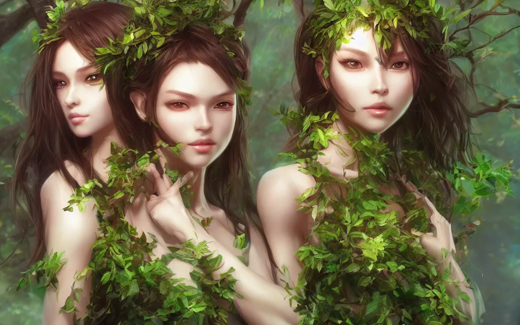 Image similar to A realistic anime portrait of a beautiful dryad twins with glowing green eyes and tree bark skin wearing clothes made of leaves, digital painting, by Stanley Artgerm Lau, Sakimichan, WLOP and Rossdraws, digtial painting, trending on ArtStation, SFW version