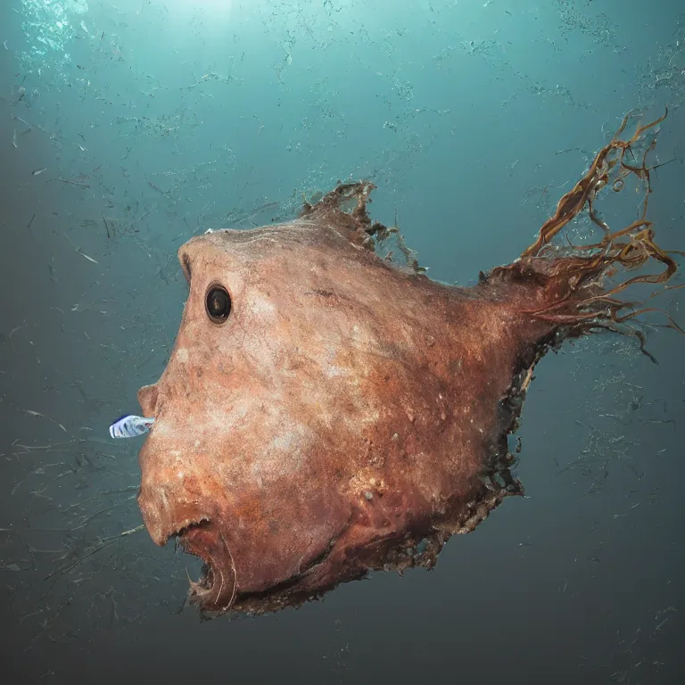 Prompt: Realistic Studio Photograph of a deep sea anglerfish deep underwater, award-winning nature deep sea photography hyperrealism 8k