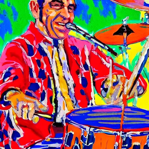Prompt: painting of buddy rich playing a drum solo, by leroy neiman, hd, detailed, award winning
