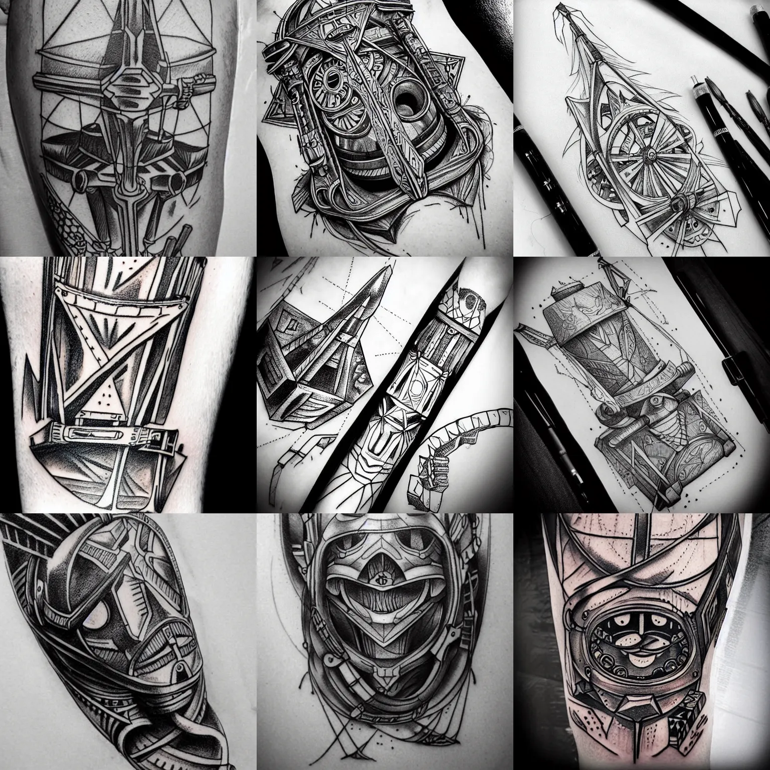 Prompt: futuristic tattoo sketch with trebuchet black and white highly detailed neo traditional style