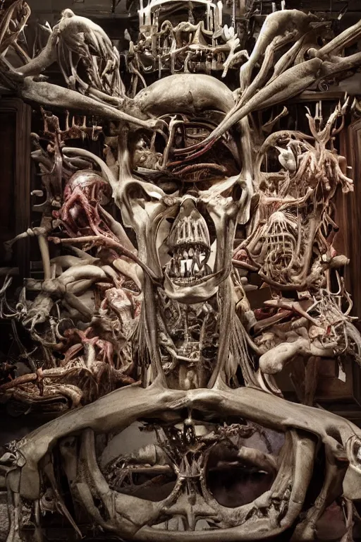 Image similar to inside a museum, a room where anatomical body parts are piece of arts by Rob Bottin, filth and grim, very detailed, ultra realistic photography