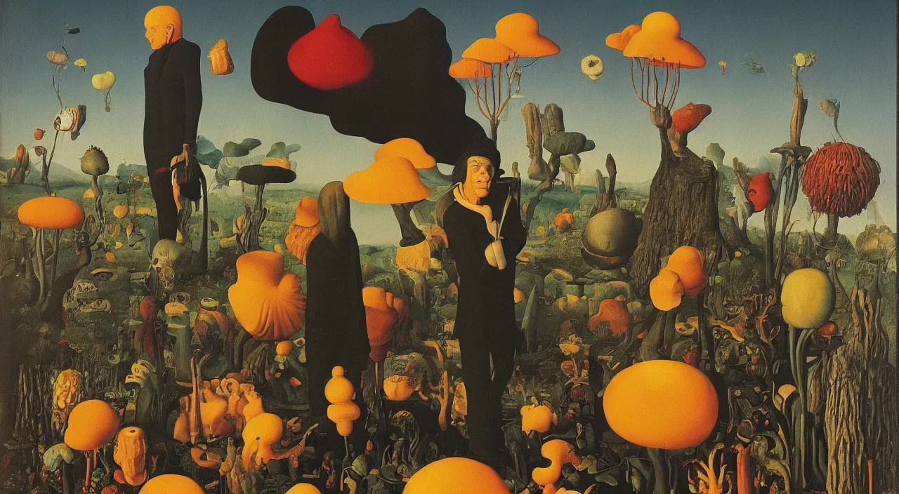 Prompt: portrait of a surreal fungus man. painting by jan van eyck, audubon, rene magritte, agnes pelton, max ernst, walton ford, high contrast!!, dark shadows, sunny day, hard lighting, masterpiece