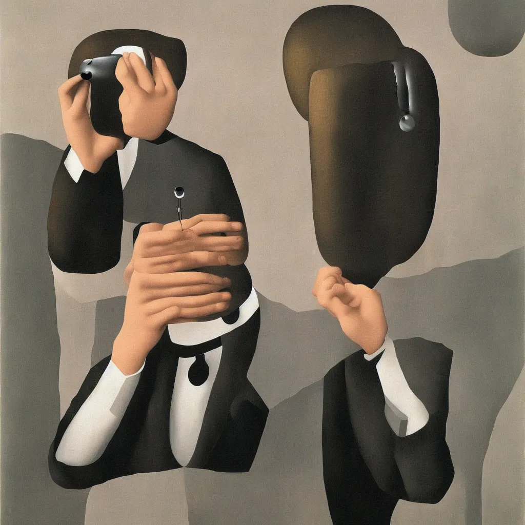 Image similar to i, a man wearing headphone and playing his iphone, by rene magritte