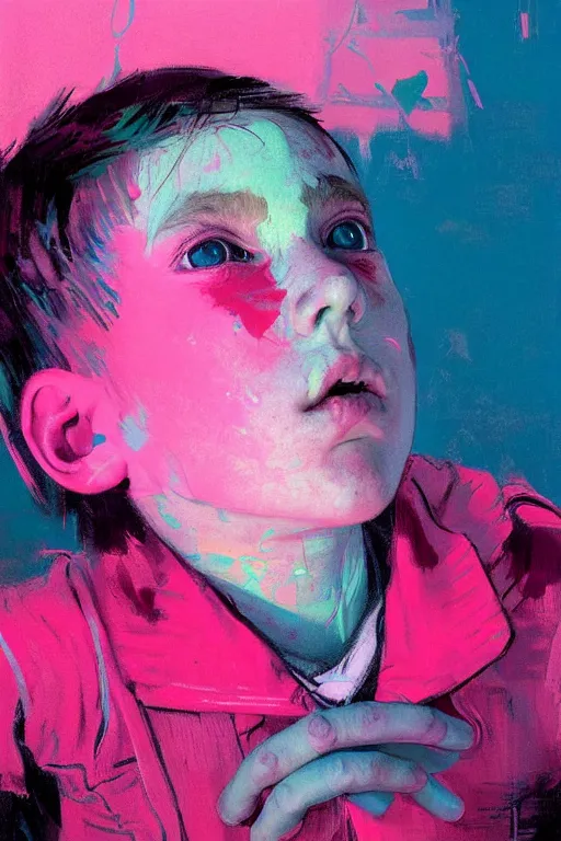 Image similar to portrait of a young boy living in a postapoliptic forgotten world, her face expresses : sadness, and death, in the colors hot pink and cyan, beautiful face, rule of thirds, complex outfit, spotlight, by greg rutkowski, by jeremy mann, by francoise nielly, by van gogh, digital painting