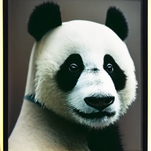 Prompt: grainy head to shoulder portrait polaroid film photograph of a panda in a mall wearing aviator shades. super resolution. surreal. extremely detailed. polaroid 6 0 0 film. by annie leibovitz and richard avedon