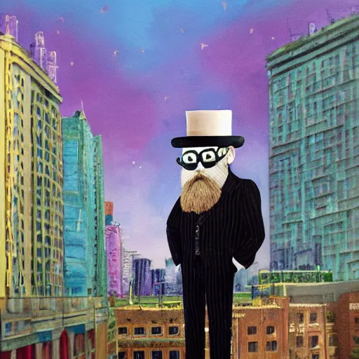 Prompt: A beautiful painting of a man with a beard and a top hat, looking over a cityscape. lomography by Mark Ryden swirling