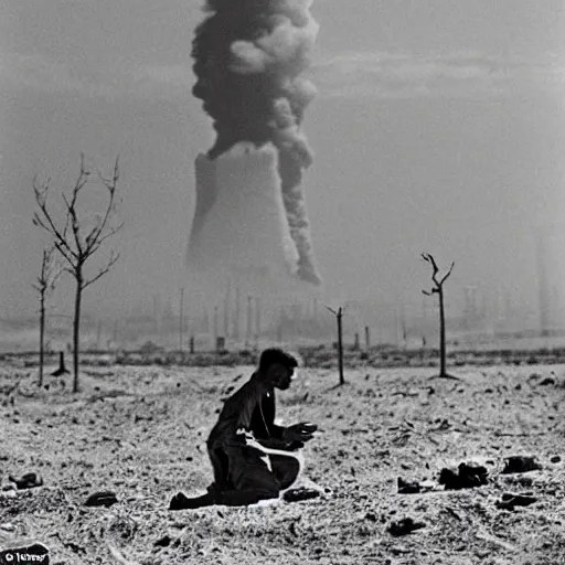 Image similar to a lone man is kneeling before a wooden cross in a barren wasteland as the plume from the explosion of a nuclear bomb is seen in the distance