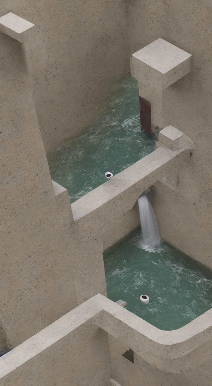 Prompt: a fountain by Carlo scarpa where two currents meet, renal system, isometric , 8k
