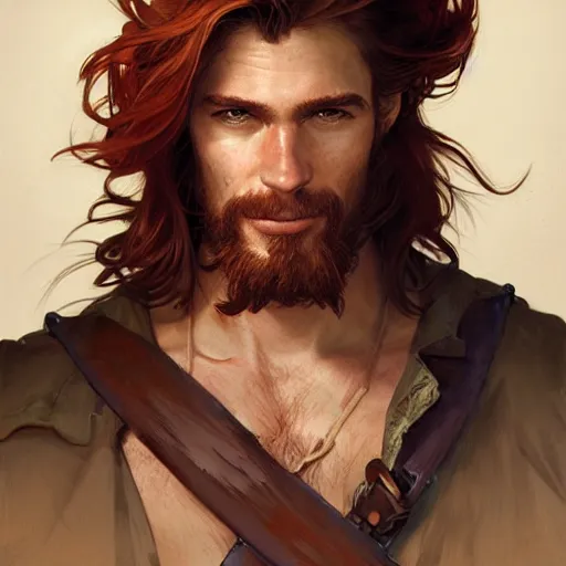 Image similar to portrait of a young ruggedly handsome but joyful pirate, male, masculine, upper body, red hair, long hair, d & d, fantasy, sharp features, intricate, elegant, highly detailed, digital painting, artstation, concept art, matte, sharp focus, illustration, art by artgerm and greg rutkowski and alphonse mucha