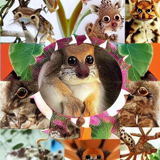 Image similar to Super cute animal combination of Margay, Gecko, Tarsier, Sugar glider, Sand cat, Bee hummingbird, Pygmy hippopotamus , Leafy sea dragon, Elephant Shrew, Klipspringer, Fennec Fox, Tawny frogmouth, Quetzal and Star-nosed mole