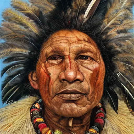 Prompt: high quality high detail painting by lucian freud, hd, portrait of a indigenous tribe leader with feathers, photorealistic lighting