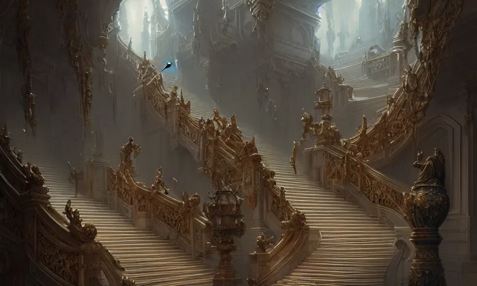 Image similar to a straight staircase full of ornate statues leading to heaven, art by greg rutkowski and peter mohrbacher, featured in artstation, octane render, cinematic, elegant, intricate, highly detailed, fantasy, concept art, sharp focus, illustration, 8 k