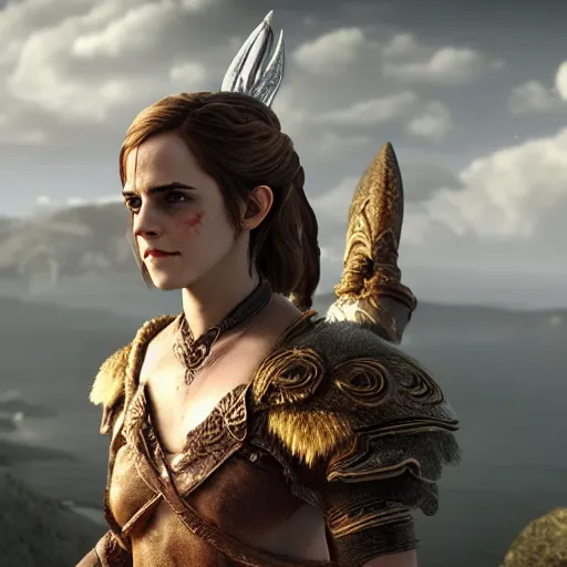Image similar to Film still of Emma Watson as Freyja, from God of War (2018 video game)