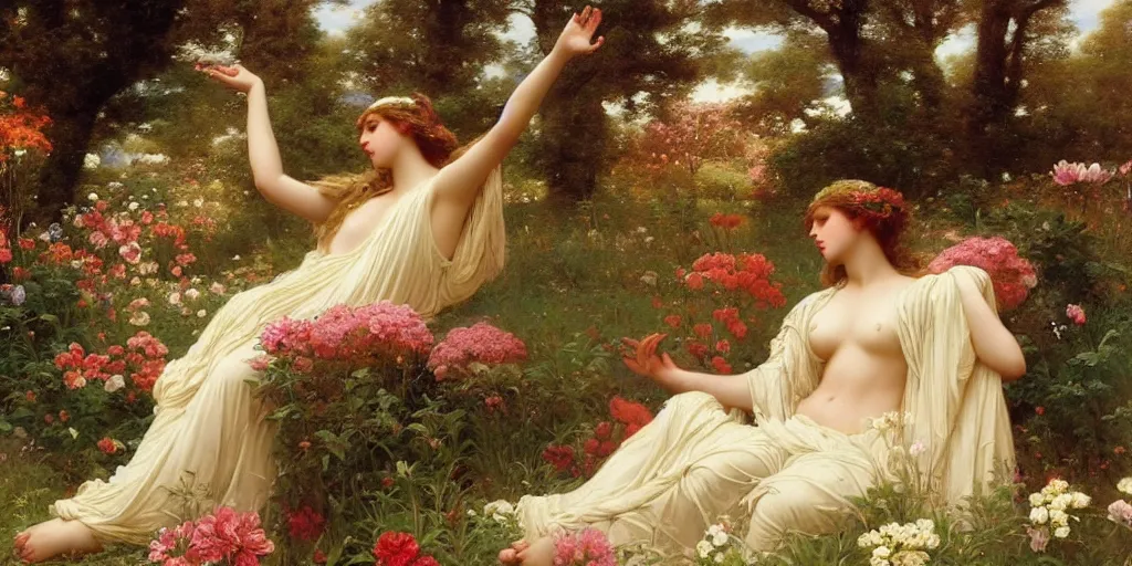 Image similar to Young goddess in a field of divine flowers by Alexander Averin and Charlie Bowater and Guillaume Seignac and Charles Edward Perugini and Edmund Blair Leighton and Delphin Enjolras