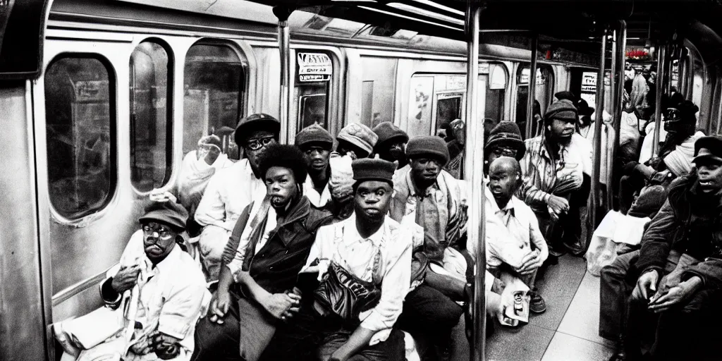 Image similar to new york subway cabin 1 9 8 0 s inside all in graffiti, black guy in the black beret, coloured film photography, christopher morris photography, bruce davidson photography