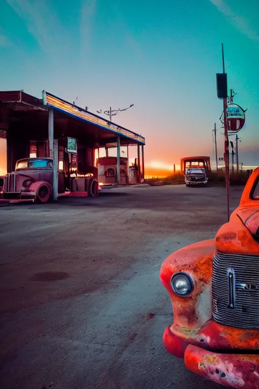 Image similar to a sunset light landscape with historical route 6 6, lots of sparkling details and sun ray ’ s, blinding backlight, smoke, volumetric lighting, colorful, octane, 3 5 mm, abandoned gas station, old rusty pickup - truck, beautiful epic colored reflections, very colorful heavenly, softlight