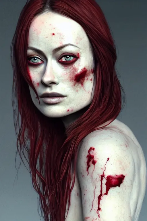 Image similar to pale woman covered with blood, olivia wilde face!!!, red hair, skeleton tattoo!, close up portrait, highly detailed face, ultra realistic, concept art, intricate details, 4 5 mm. photorealistic, octane render, 8 k, unreal engine. film still, heavy grain, 3 5 mm, art by artgerm and greg rutkowski and alphonse mucha