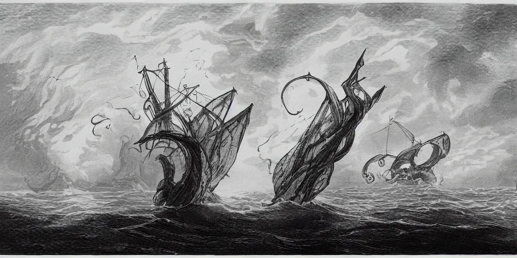 Prompt: it was a night in 1 8 2 0, i hadn't seen a calm sea like that in days, everything seemed too silent to be real, far away i could see the danger that awaited us : the owner of the sea, the terrifying and fearsome cthulhu.
