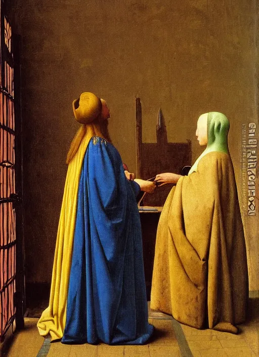 Image similar to artist painting, medieval painting by jan van eyck, johannes vermeer, florence